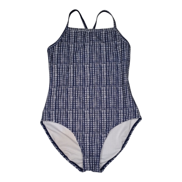 Hanna Andersson Cross Back 1 Piece Swimsuit Navy|White Girls Size 8 - Picture 1 of 4